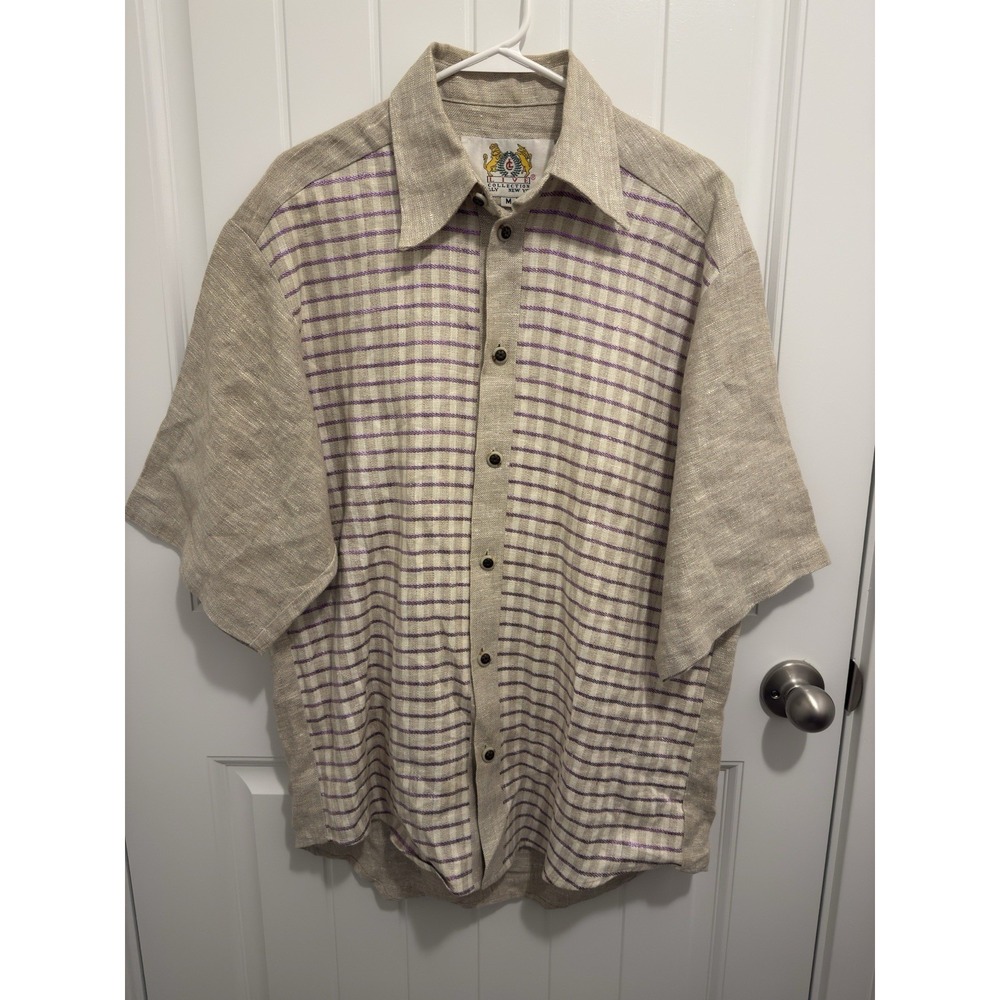 Live Collection Unique Vintage Mens Linen Shirt Purple‎ Sparkle Stripes Size M